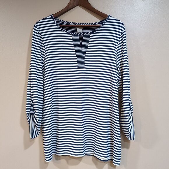 Chicos Stretch Tunic Top Womens 2 US Large Navy Blue Striped Keyhole Neck Rayon - Picture 1 of 10